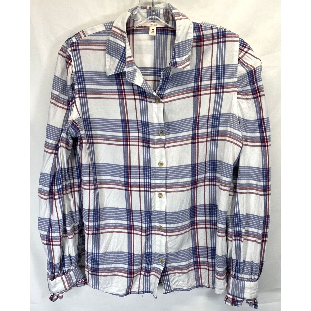 Como Vintage Women Size M Button Up Shirt Blue/Red White Plaid Long Sleeve Rayon